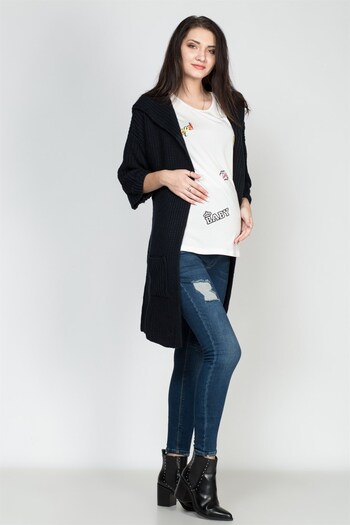 BUSA Pregnant Lace-Up Pocket Knitwear Cardigan Navy Blue