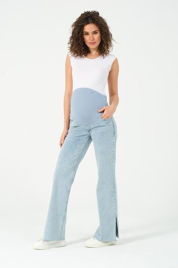 BUSA Maternity Stretchy Tummy Banded Wide Leg Adjustable Waist Jeans Stone Blue