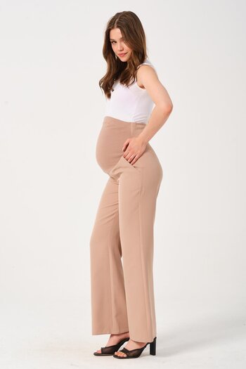 BUSA Maternity Flexible Abdomen Banded Adjustable Waist Loose Leg Gabardine Pants Mink
