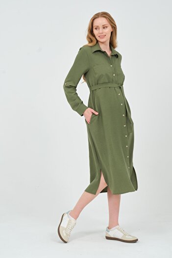 BUSA Khaki Midi Dress - Maternity Shirt Collar and Front Pocket