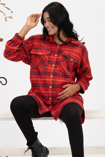 BUSA Pregnant Front Pocket Buttoned Plaid Lumberjack Shirt Red
