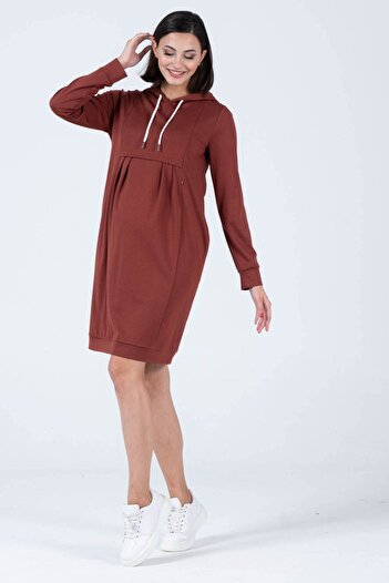 BUSA Maternity Steel Knitted Breastfeeding Detailed Hooded Dress Brown