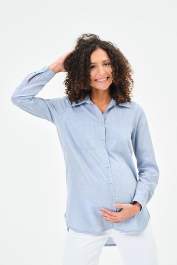 BUSA Maternity Long Sleeve Linen Shirt with Front Pockets Blue