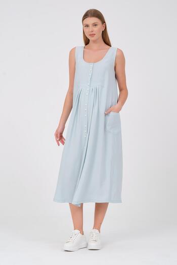 BUSA Maternity Mint Green Midi Dress - Front Button and Side Pocket, Zero Sleeve