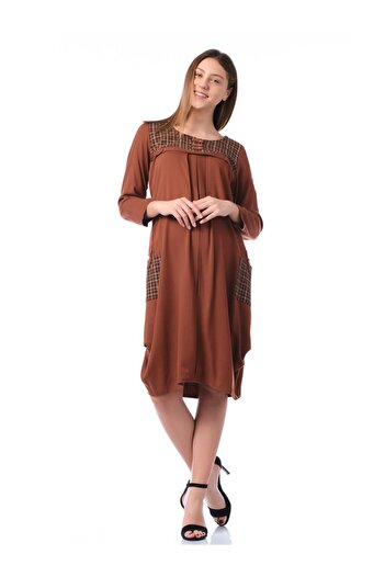 BUSA Pregnant Robe Buttoned Plaid Collar Pleated Brown with Side Pockets