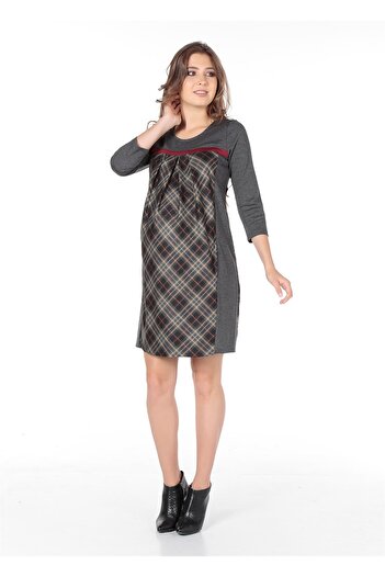 BUSA Maternity Plaid Steel Fabric Pleated Casual Dress on the Chest Anthracite