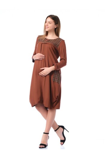 BUSA Pregnant Robe Buttoned Plaid Collar Pleated Brown with Side Pockets