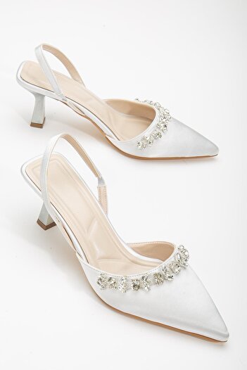 Dilimler Ayakkabı Satin Stone Symmetrical Cut Black Silver Heeled Women's Evening Dress Shoes