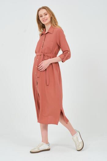 BUSA Dried Rose Midi Dress - Maternity Shirt Collar and Front Pocket