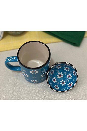 Den Tasarım Hediyelik Mother's Day Special Blue Color Daisy Tea Pattern Coffee Mug and Turkish Delight Bowl