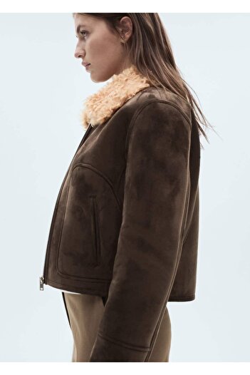 MANGO Woman Μπουφάν με γούνινο γιακά Suede Look