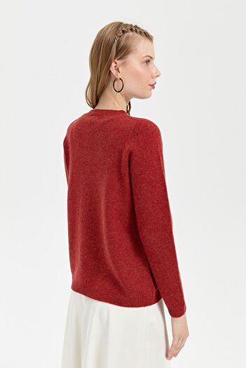 Desen Triko Brick Color Women's Classic Wool Sweater - Crew Neck