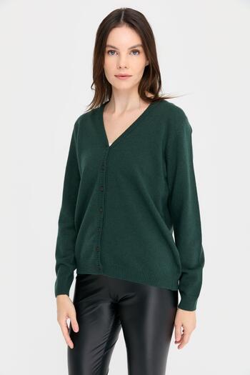 Desen Triko Wool Green Women's V-Neck Cardigan