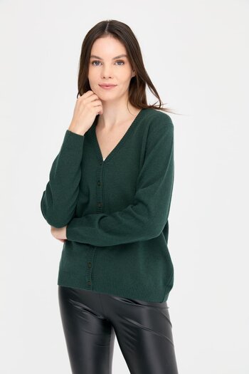 Desen Triko Wool Green Women's V-Neck Cardigan