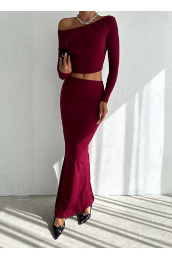 hazelin Claret Red One-Shoulder Draped Women's Double Suit - Sandy Fabric Hzl25W-Fry 122511