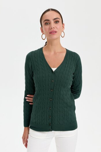 Desen Triko Green V-neck Seamless Hair Braided Women's Cardigan
