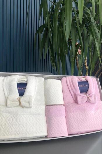 Çeyiz Diyarı Σετ οικογενειακών μπουρνούζια Diamond Jacquard 10 τεμαχίων Κρεμ Πούδρα