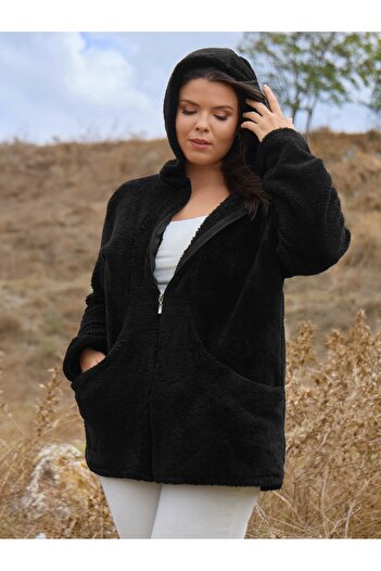 ModaSehle Women's Large Size Long Sleeve Pocket Hooded Zippered Plush Cardigan Jacket