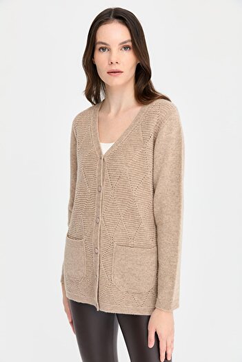 Desen Triko V-Neck Beige Wool Cardigan with Baklaval Buttons - Women