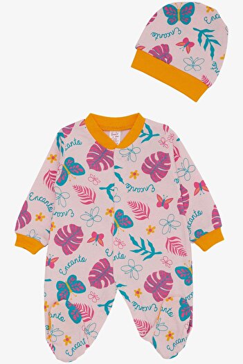 Breeze 0-6 Months Colorful Flower and Butterfly Patterned Baby Girl Jumpsuit - Pink with Booties