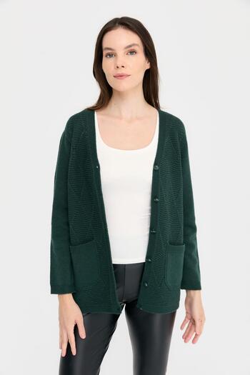 Desen Triko Green V-Neck Seamless Baklaval Women's Wool Cardigan