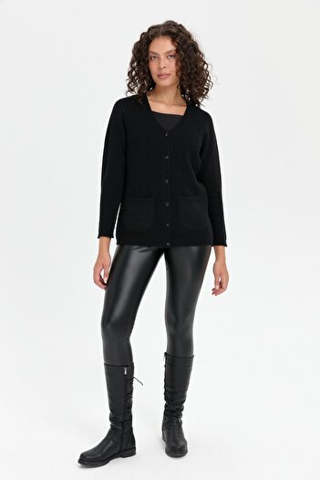 Desen Triko Women's V-Neck Seamless Checkered Buttoned Wool Cardigan Black