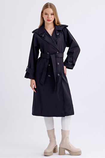 MD trend Women's Belted Collar and Sleeve Detailed Pocket Unlined Seasonal Double Breasted Trench Coat