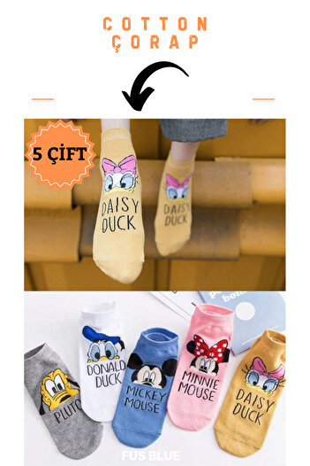 FUS BLUE 5 Pairs Women's Cartoon Character Cotton Booties Socks Set