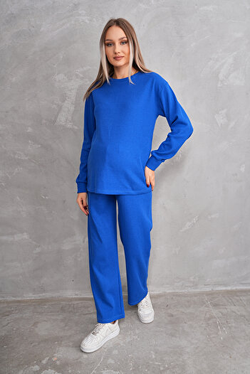 Miss Dünya Lissa Pregnant and Maternity Crew Neck Waffle Fabric Top and Bottom Tracksuit Set