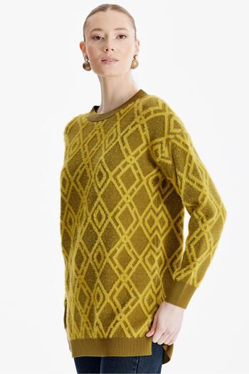 Tığ Triko Olive Patterned Crew Neck Knitwear Tunic