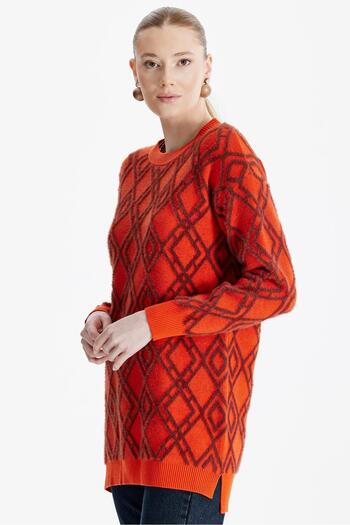 Tığ Triko Orange Patterned Crew Neck Knitwear Tunic
