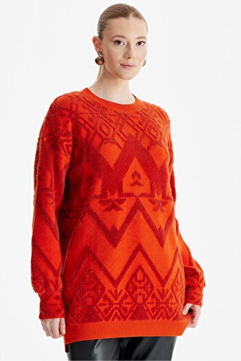 Tığ Triko Orange Patterned Crew Neck Knitwear Tunic