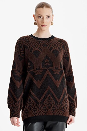 Tığ Triko Coffee Color Patterned Crew Neck Knitwear Tunic