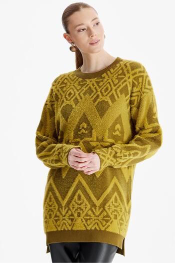 Tığ Triko Olive Patterned Crew Neck Knitwear Tunic