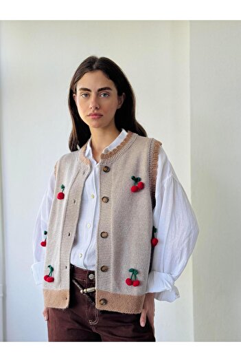 Retrobird Gray Glitter Design Embroidered Cherry Embossed Women's Vest