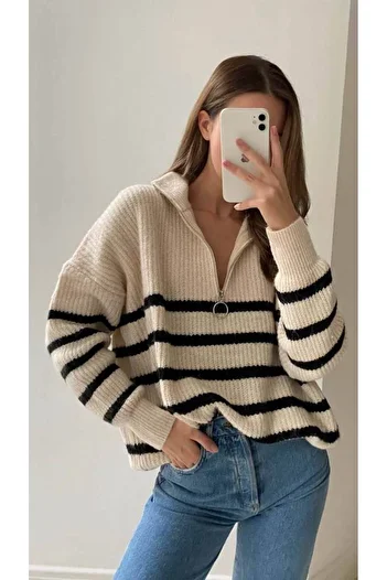 ÇEÇİM Women's Fisher Collar Half Zipper Striped Knitwear Sweater Zyn-58739