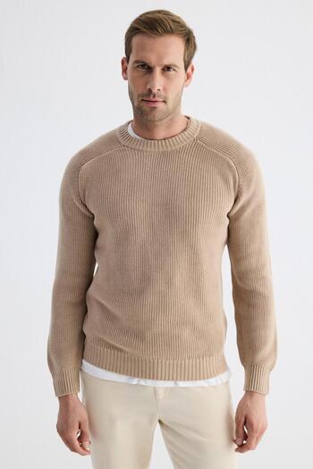 odelon Beige Men's Knitwear Sweater - Crew Neck, Thessaloniki Knit, Cotton