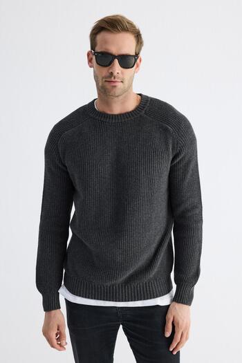 odelon Men's Anthracite Knitwear Sweater - Crew Neck, Thessaloniki Knit, Cotton