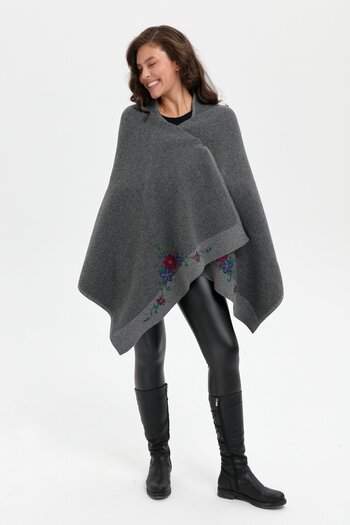 Desen Triko Smoke Colored Women's Wool Shawl - Three Flower Embroidery