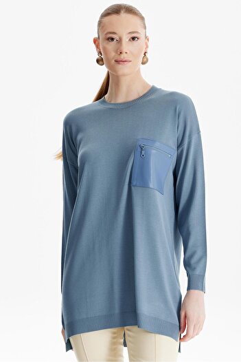 Tığ Triko Grey Blue Knitwear Tunic - Leather Pocket Detail