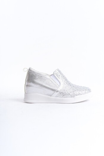 Afilli Kadın Gümüş Beyaz Taşlı Gizli Yüksek İçten Dolgu Platform Topuk Günlük Sneaker Yürüyüş Spor Ayakkabı