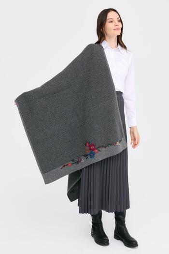 Desen Triko Women's Smoke Colored Wool Shawl - Flower Embroidered, Two Edges