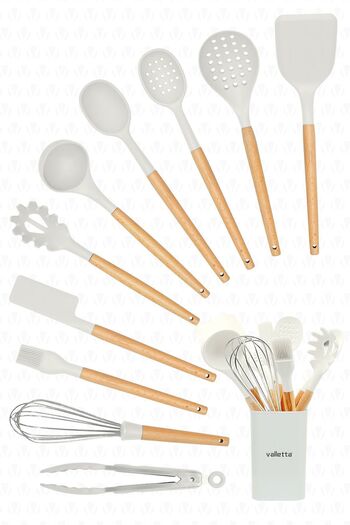 valletta Matis Heat Resistant Silicone Fireproof Non-Stick 11-Piece Serving Set with Stand White