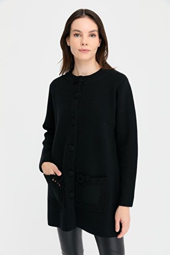 Desen Triko Women's Stand Collar Araboy Wool Cardigan Black