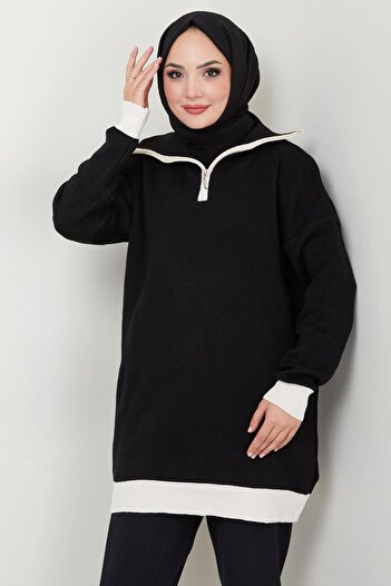 hafsamina Garni Detailed Collar Zippered Knitwear Tunic Black Hm2560