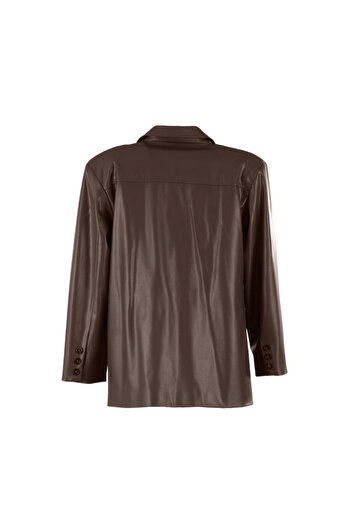 Pilea Timeless Design Stitching Detailed Brown Leather Blazer Jacket My