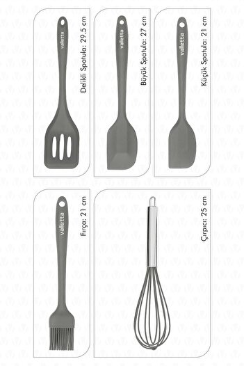 valletta Hidalgo Heat Resistant Fireproof Non-Stick 5 Piece Silicone Cooking Serving Set Gray