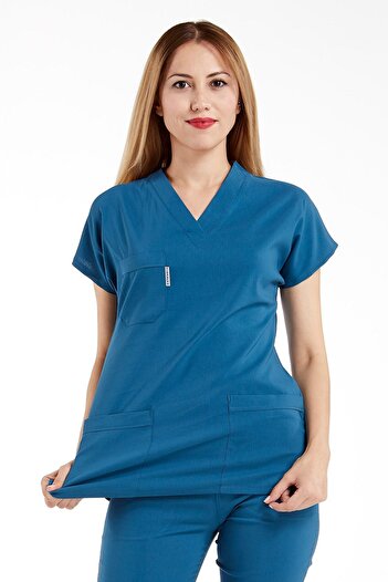 Alsancak Üniforma Scrubs din țesătură subțire din lycra verde petrol, tricou pentru medic asistentă, costum de chirurgie cu mânecă liliac