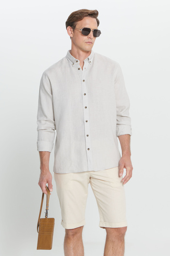 ALTINYILDIZ CLASSICS Men's Beige Comfort Fit Relaxed Cut 100% Linen Buttoned Collar Shirt