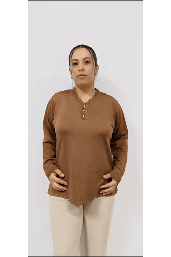AKŞEN GİYİM LARGE SIZE THIN CORRATED COOL STRING FABRIC 70 CM COLLAR AND ARM LACE DETAIL LONG SLEEVE MOTHER BLUZ